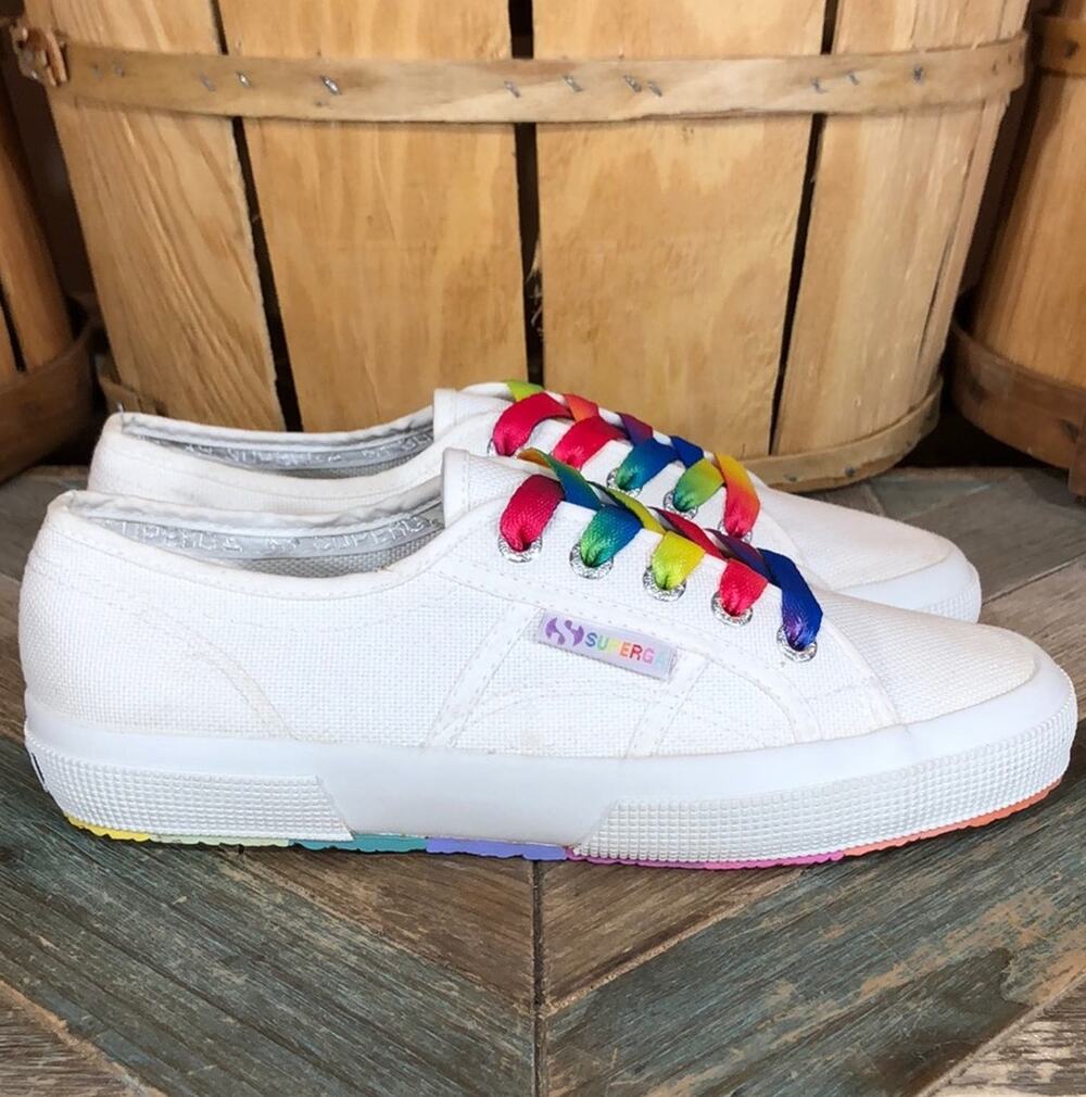 Superga Cotu 2750 Rainbow Multicolor Pride White Canvas Sneakers Women Size 7